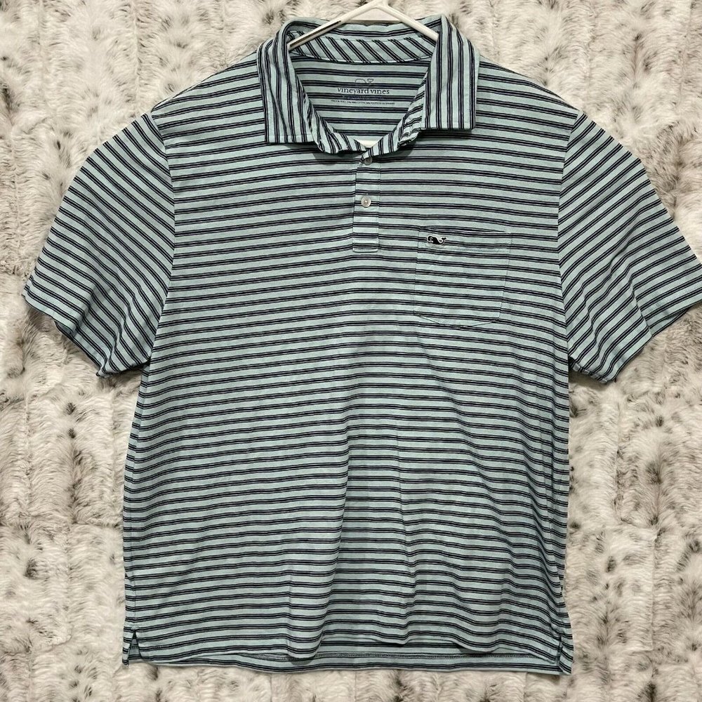 Vineyard Vines Polo Shirt Mens Large Blue Striped Spandex Stretch Cotton